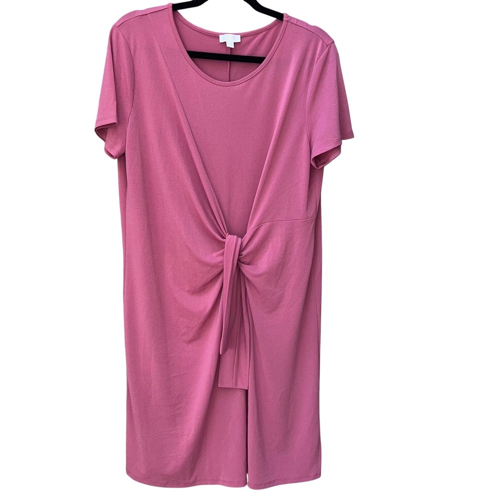 Rose Pink Front Tie Knot Short Sleeve Knit Dress XL